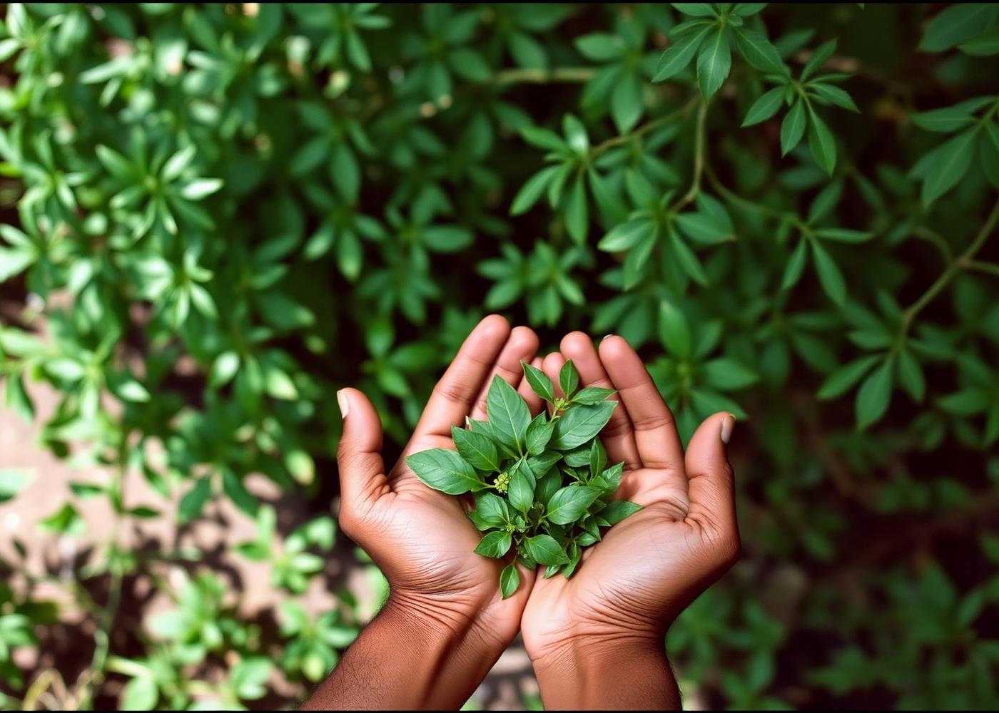 Hands holding freshly picked herb leaves in the garden