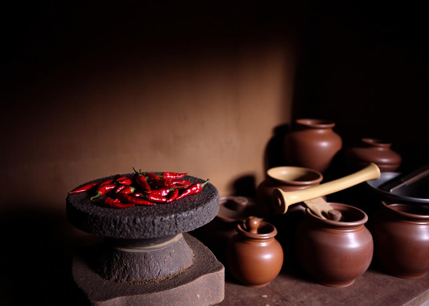 A miris gala grinding stone with chillies beside clay pots in a dim kitchen